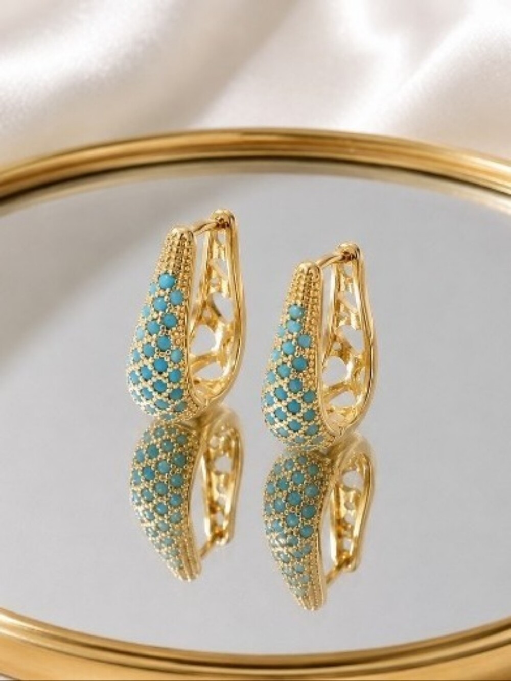 Sculptured Gold Hoop Earrings with Turquoise Stones